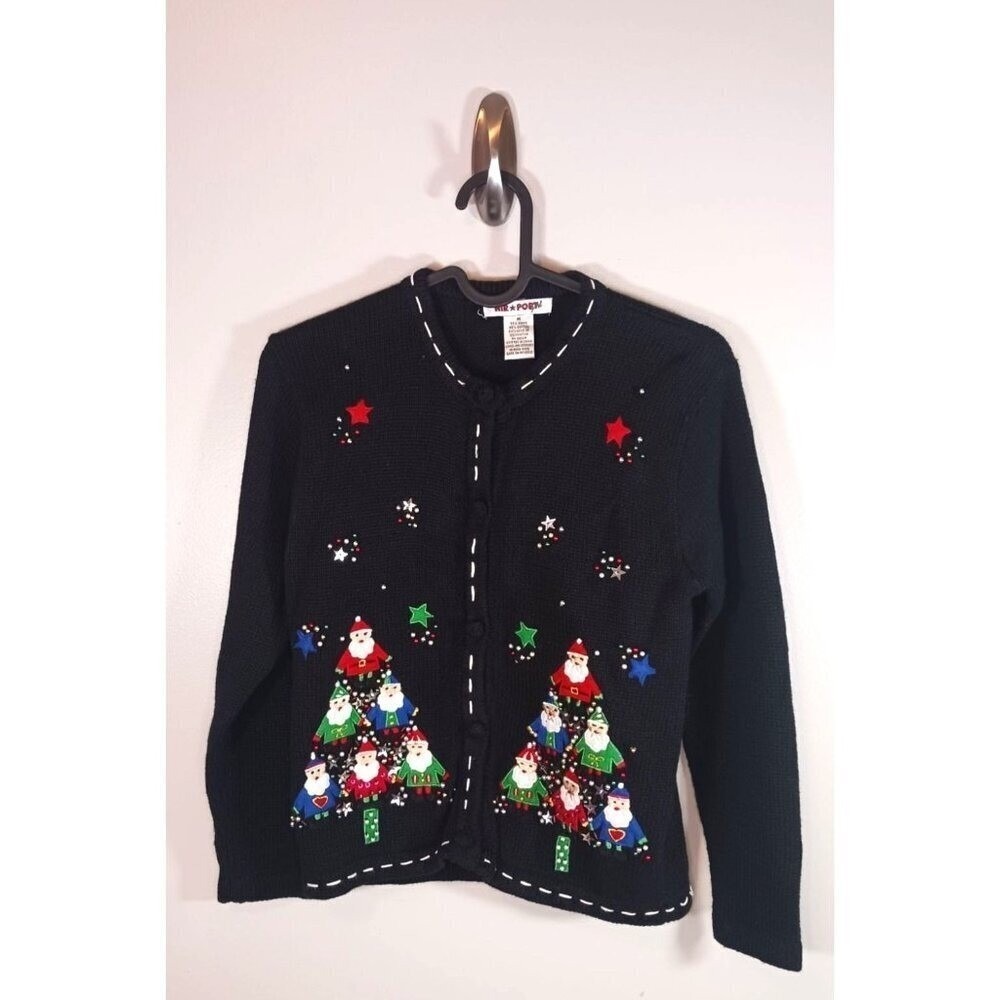 AIR Port Girl Ugly Christmas Beaded Sequin Cardigan Sweater Size M